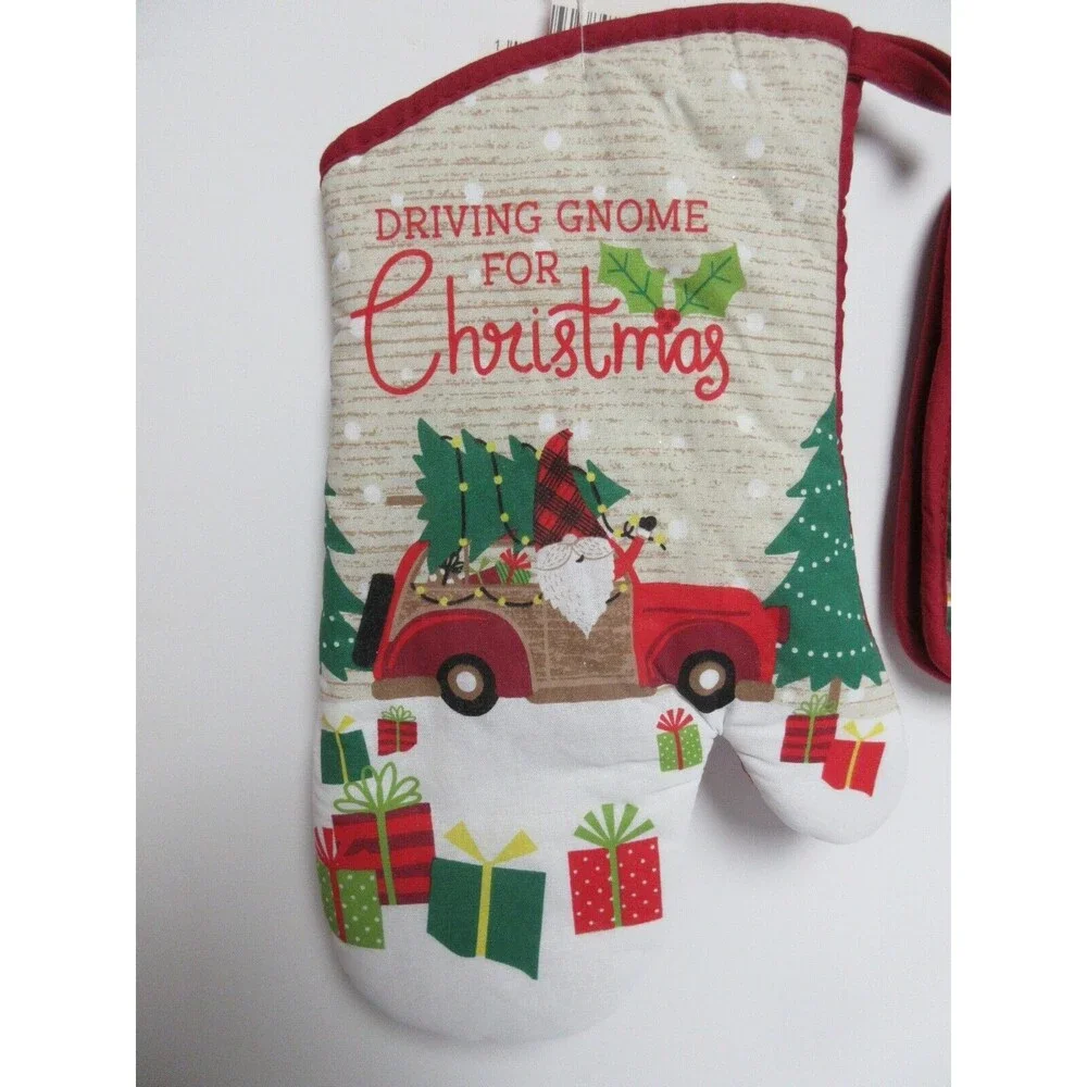 4 Piece Set Driving Gnome for Christmas 1 Dish Towel & 2 Potholder &1 OvenMitt